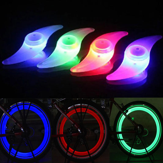 LED bicycle spoke lights attached to bike wheel, showcasing visibility and style options