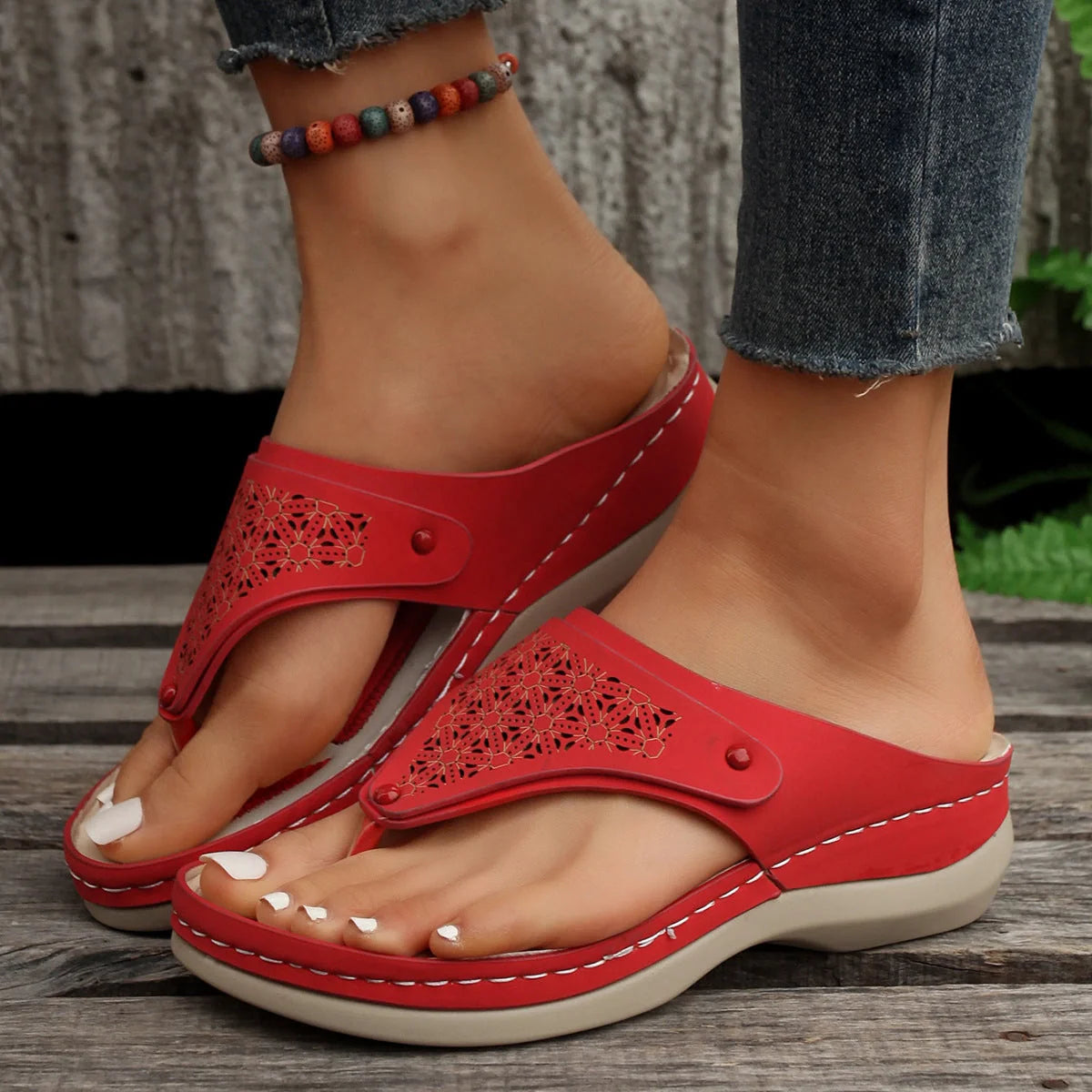 Women's PU thong sandals with segmented toe design in various colours