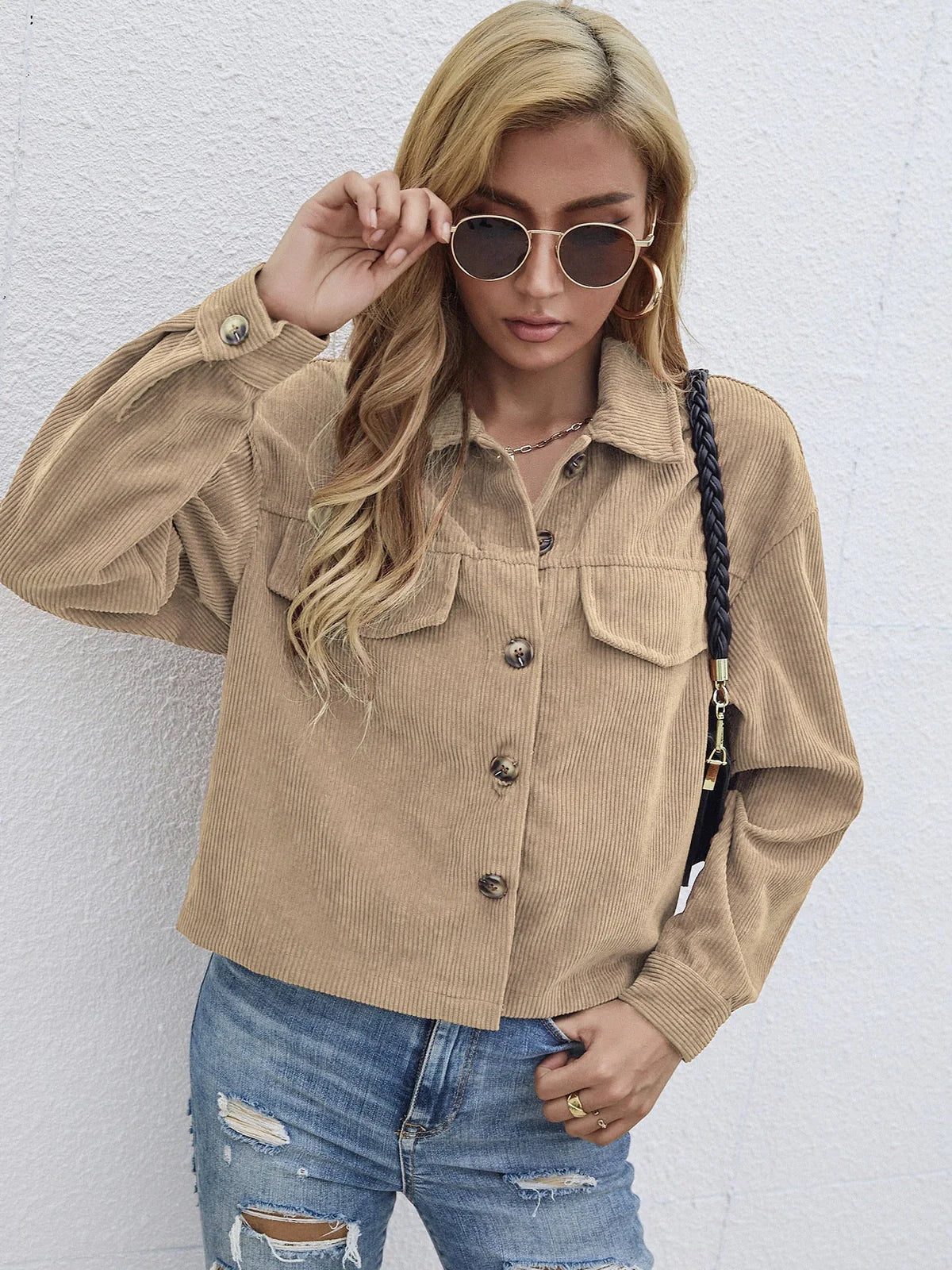 Women's brown corduroy slim coat with long sleeves and street hipster styling