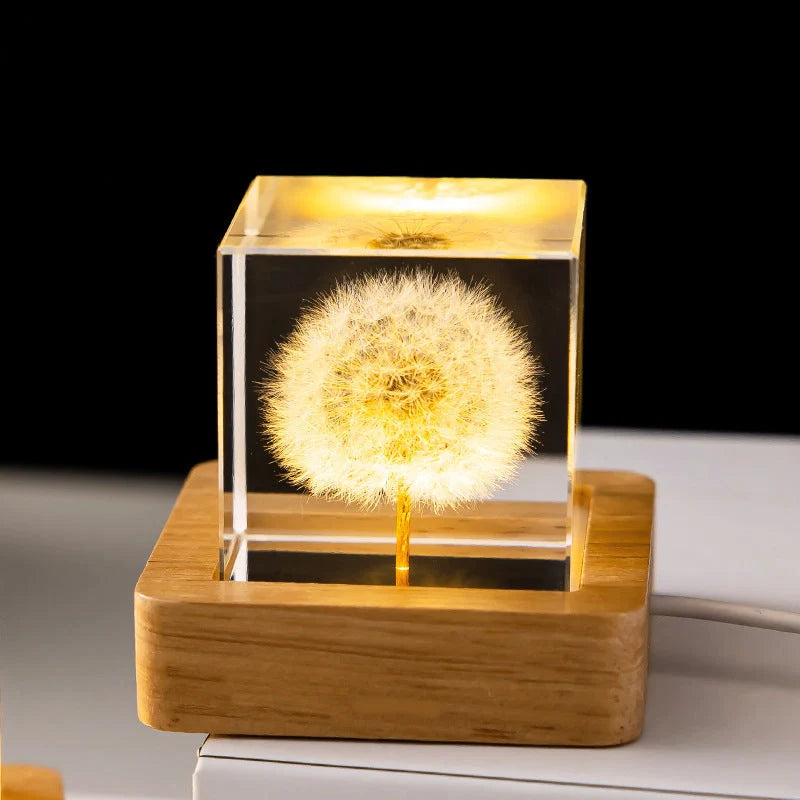 LED Night Light Flower Crystal Ball with wooden base, perfect for children's bedrooms