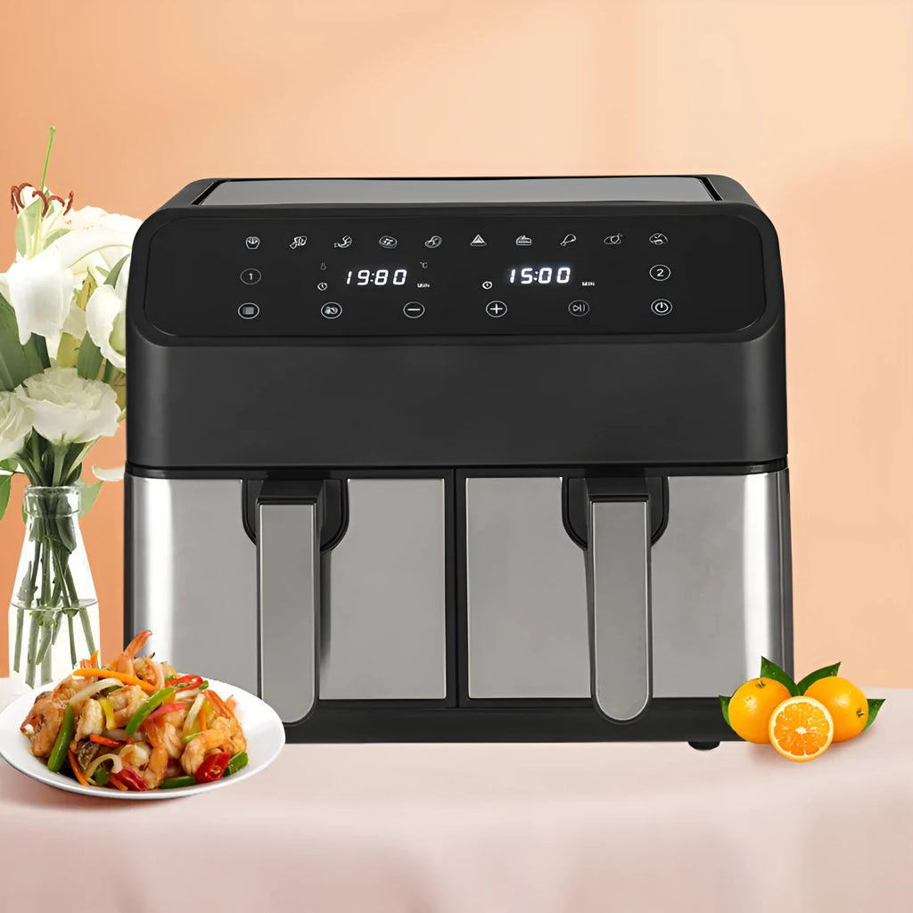 8L stainless steel dual pot air fryer with touch screen and visual window on a kitchen counter
