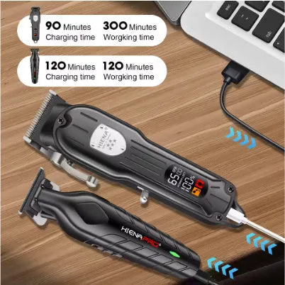 Black USB rechargeable hair clipper and foil shaver set with LCD display for men's grooming