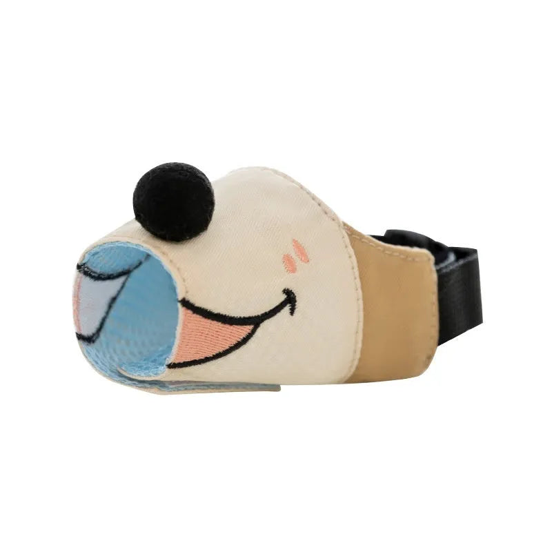Canvas dog muzzle cover in Ollie Brown Bear and Bondi Blue Shark colours, shown in sizes S, M, L, XL.