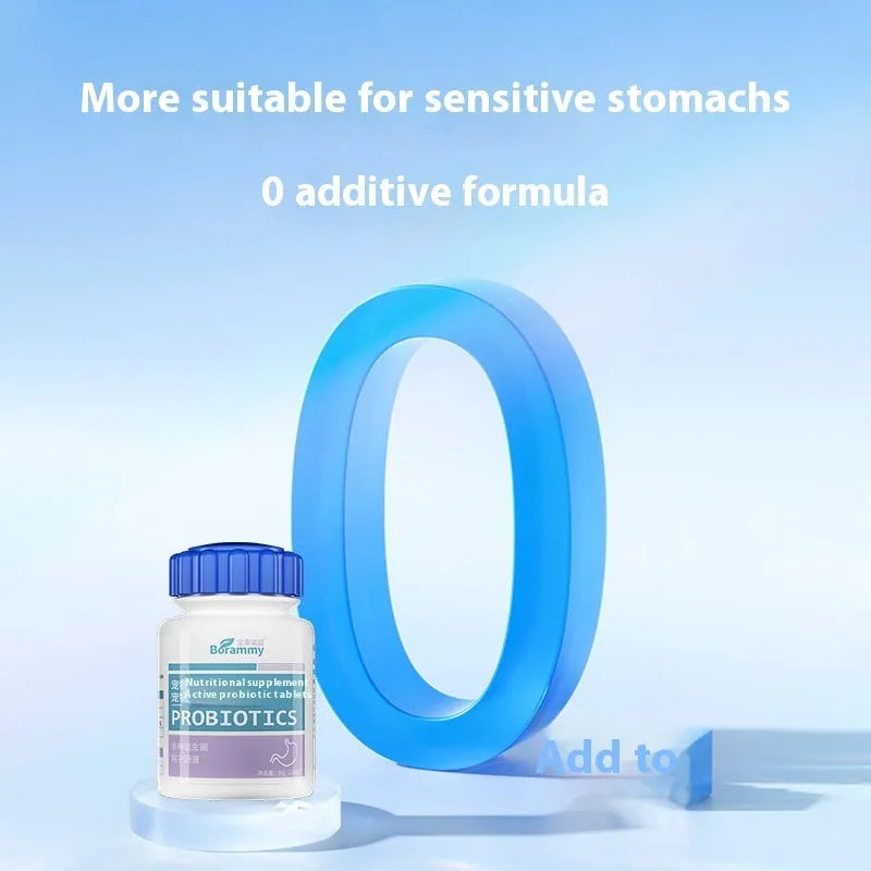 Bottle of 180 pet probiotic tablets for dog and cat digestive support.