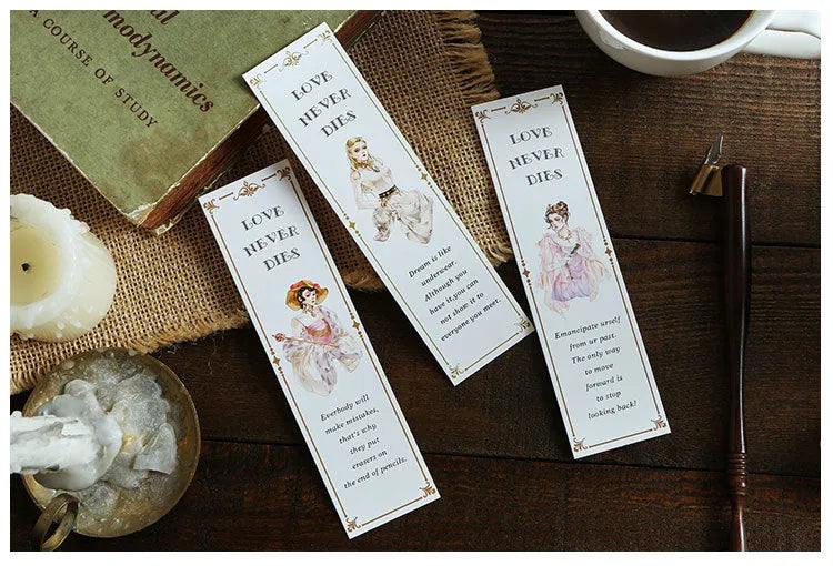 Pack of 30 thick white cardboard bookmarks with various illustrated designs