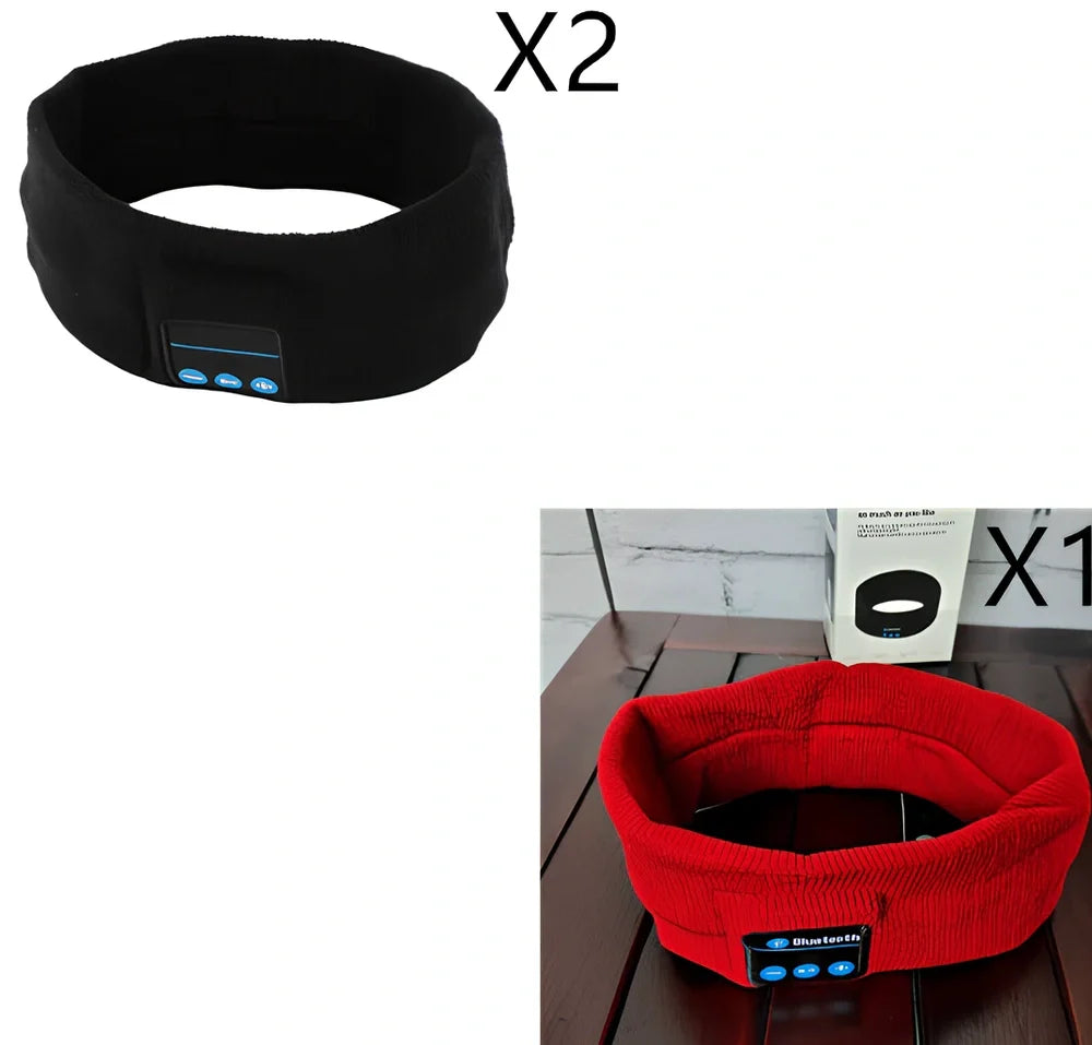 Black Bluetooth sports headband with integrated audio controls and 110mAh battery for workouts