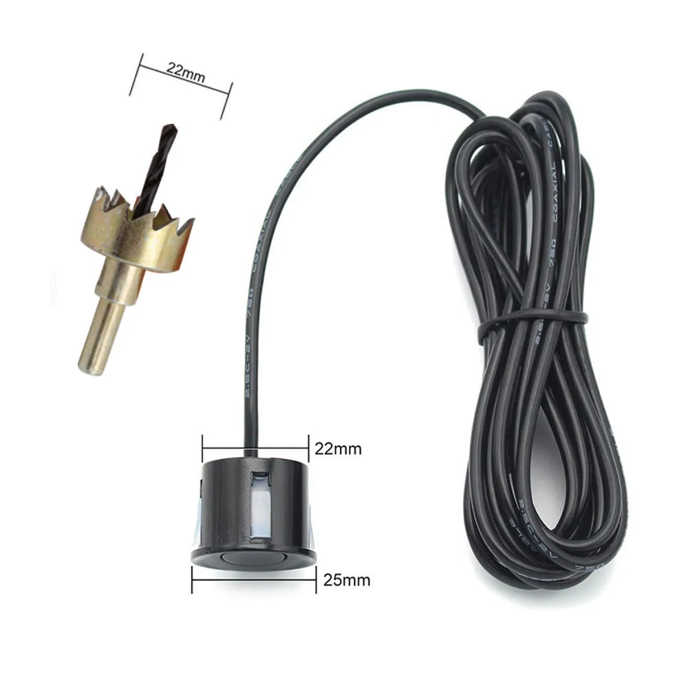 Wireless reversing sensor system with LED display unit, four probes, and installation accessories for vehicle obstacle detection
