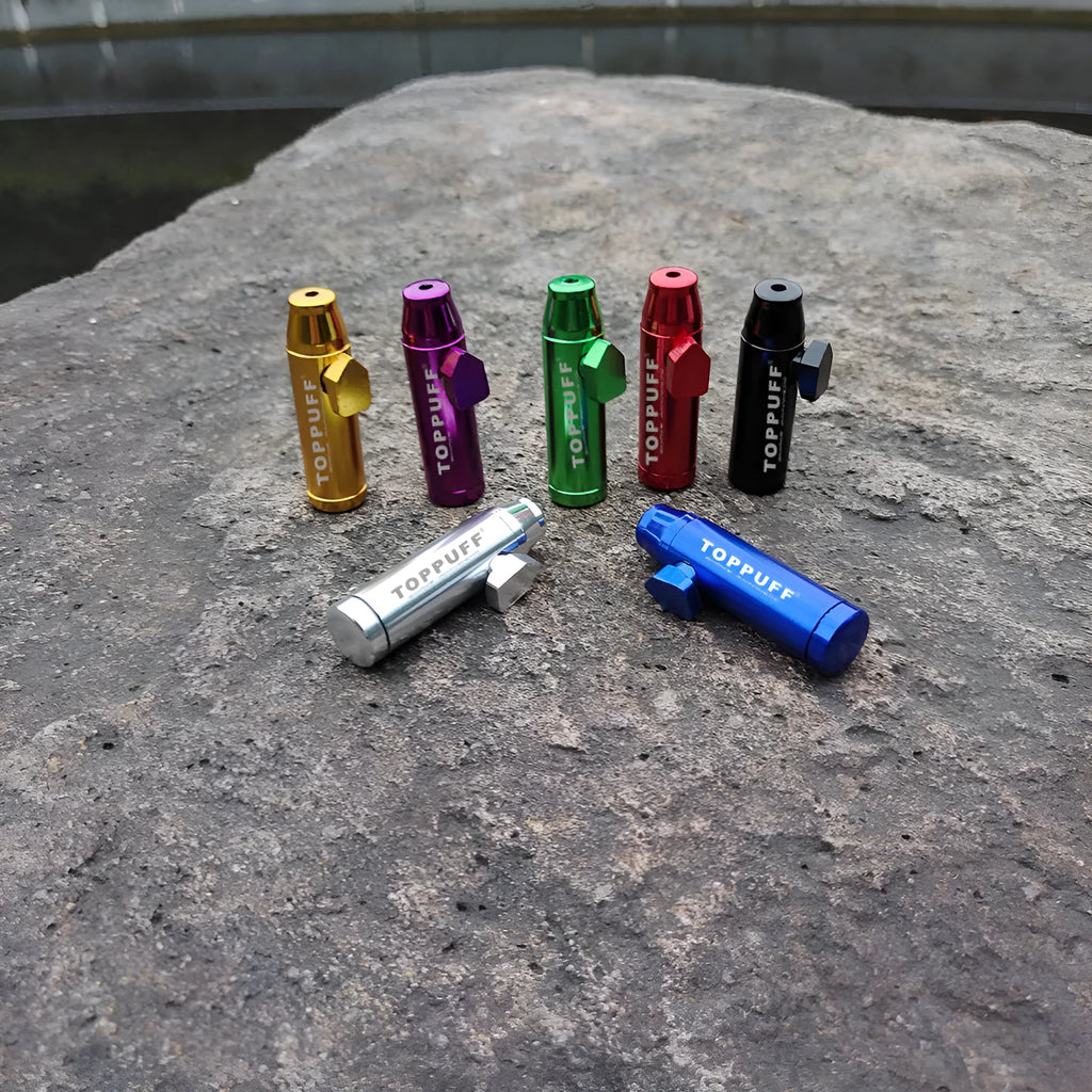 Aluminium alloy bullet snuff cigarette holder with flat head, shown in multiple colour options.