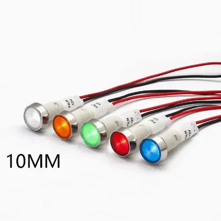 10mm stainless steel edge plastic indicator light with wire, available in white, yellow, red, green, blue colours