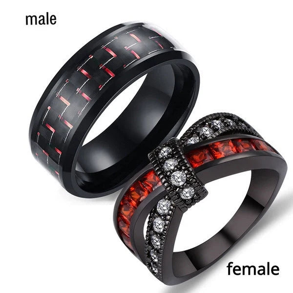 Black Gold Garnet Red Cross Zircon Ring with geometric design and red zircon inlays