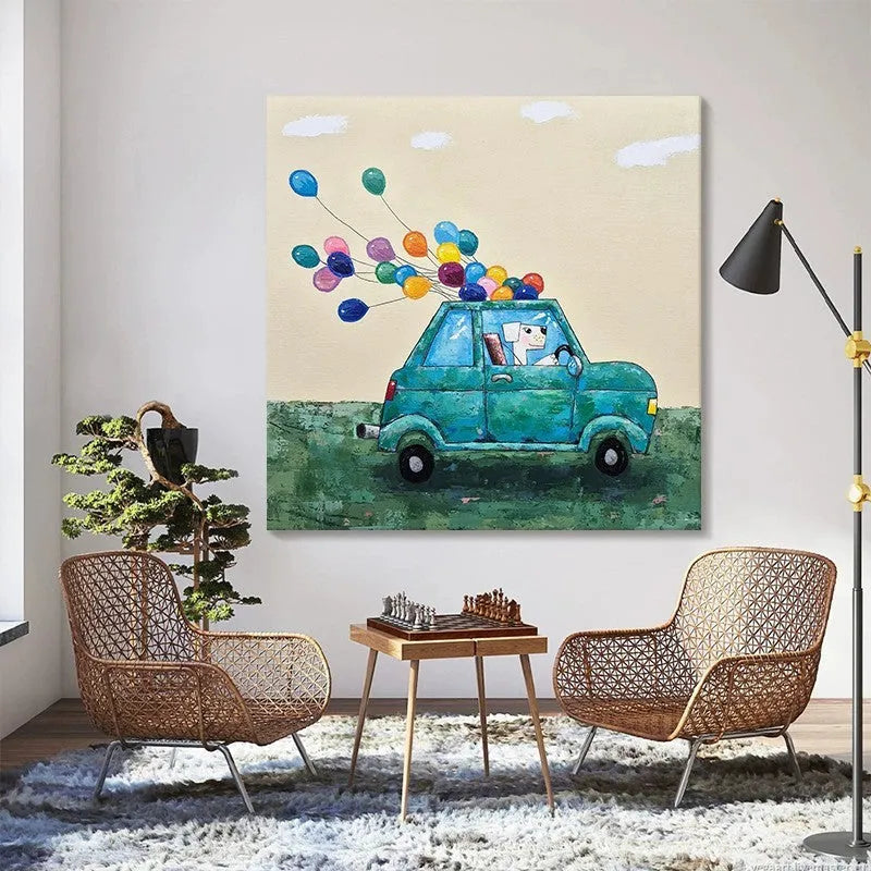 Handmade oil painting on canvas of cartoon car with dog and balloon, square size, frameless rolled canvas
