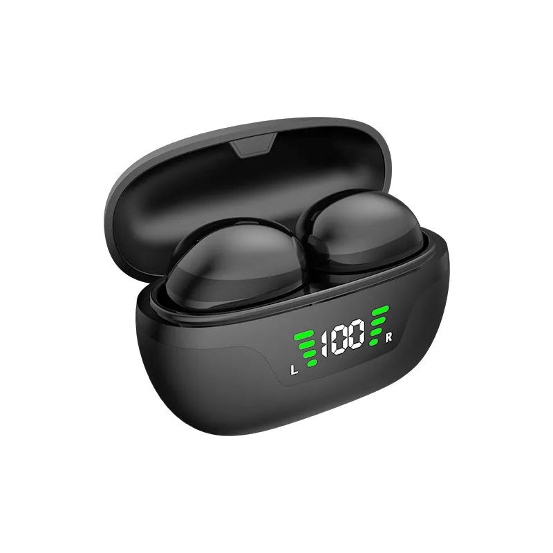 Black wireless Bluetooth headset with digital display screen and in-ear design