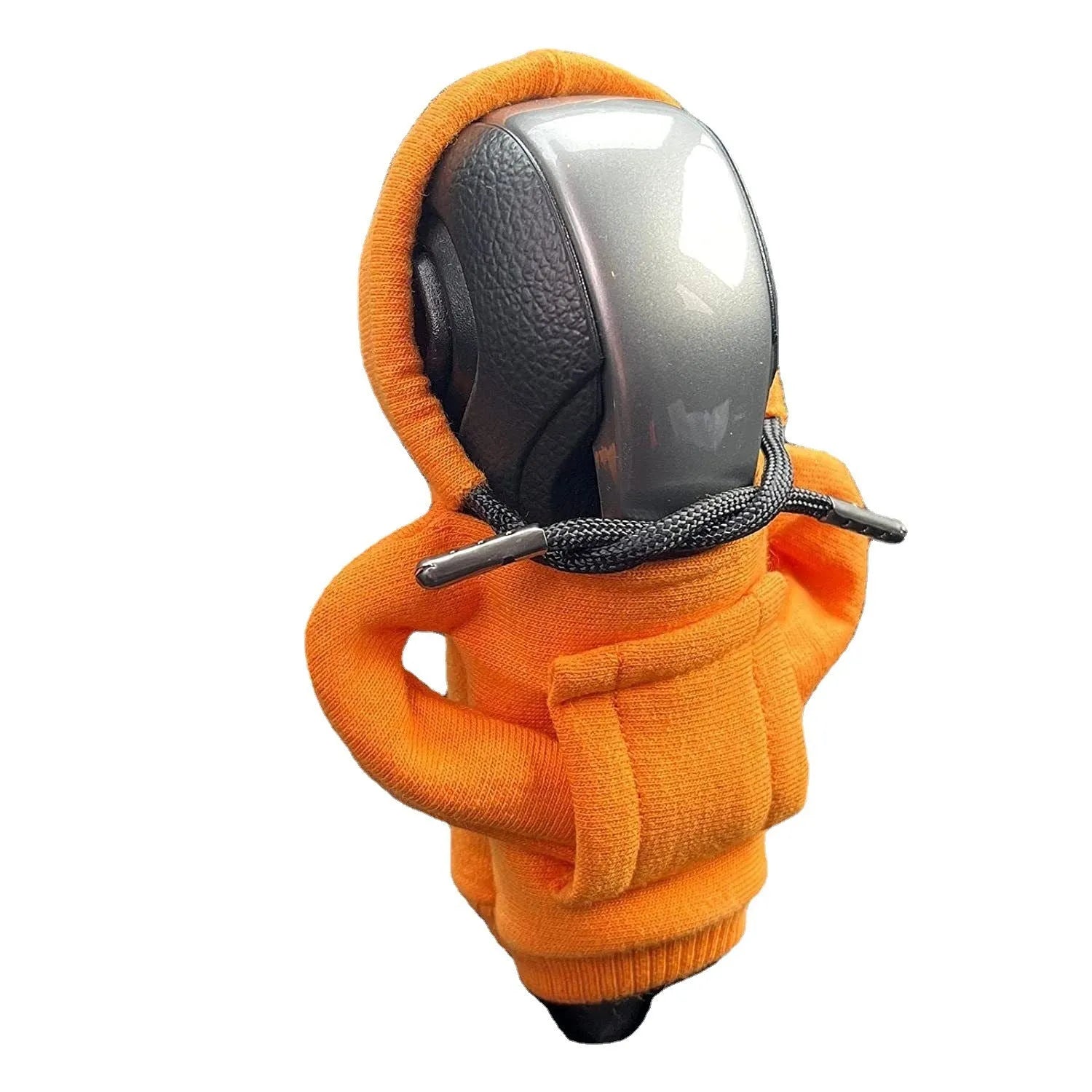 Blue cloth gear shift knob hoodie cover shown on a car gear lever.