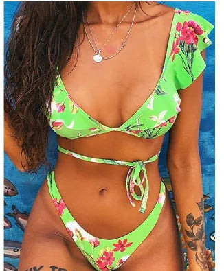 Yellow flower printed floral bikini swimsuit with retro dots and backless design