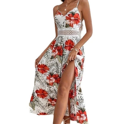 Women's printed V-neck dress with brace lace stitching and high slit in various colors