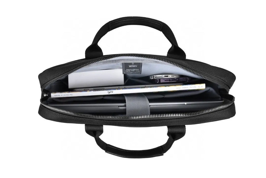 Black Oxford cloth laptop backpack showing multi-pocket design and separate padded computer compartment.