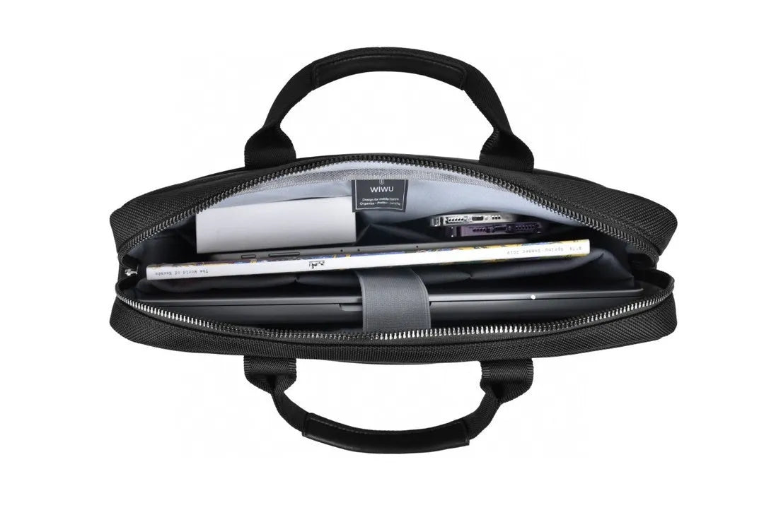 Black Oxford cloth laptop backpack showing multi-pocket design and separate padded computer compartment.