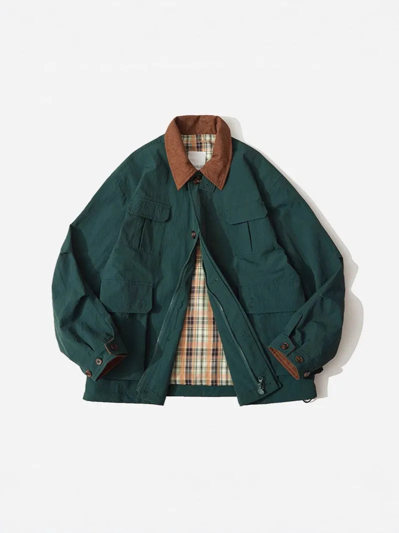 Green casual polyester jacket with side seam pockets on a person, showing front view
