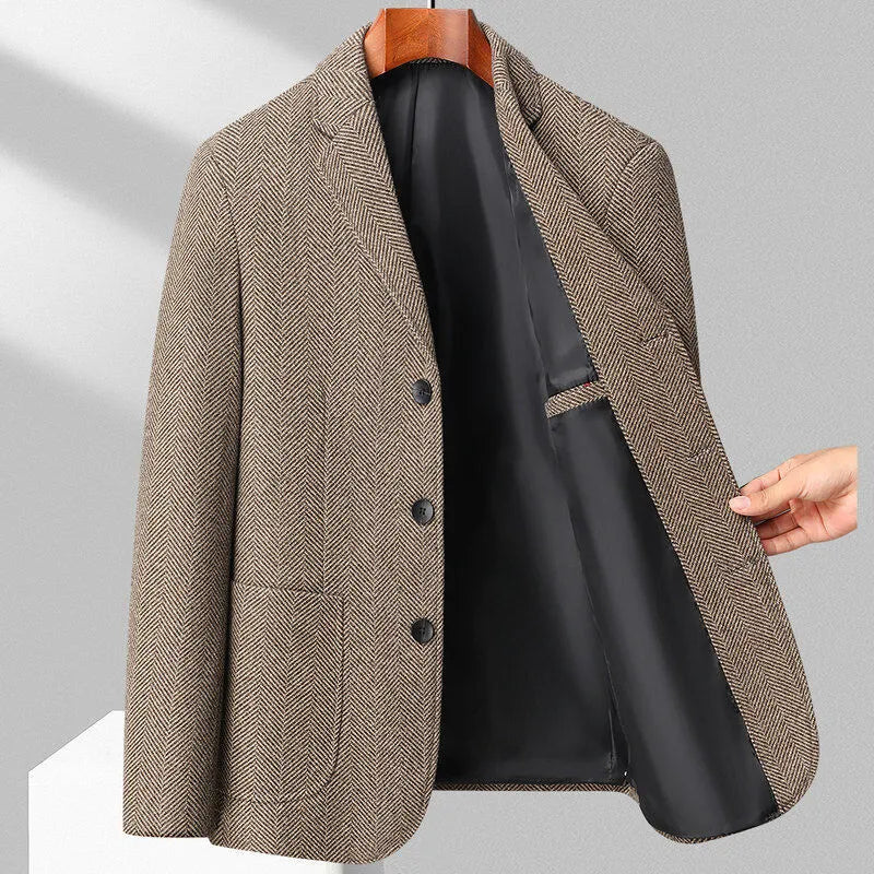 Men's solid colour loose fit wool blend coat for spring and autumn casual wear.