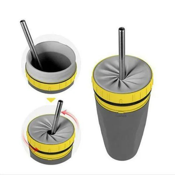 Cartoon pattern double-wall insulation travel tumbler with twist-top silicone seal and straw