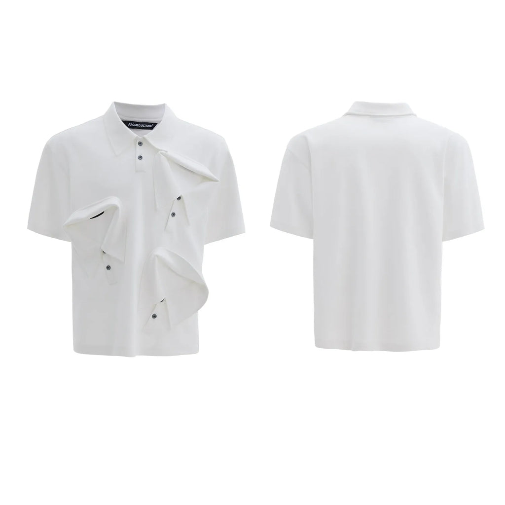 Men's loose-fit deconstructed polo shirt with a geometric pattern print on the chest.