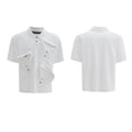 Men's loose-fit deconstructed polo shirt with a geometric pattern print on the chest.