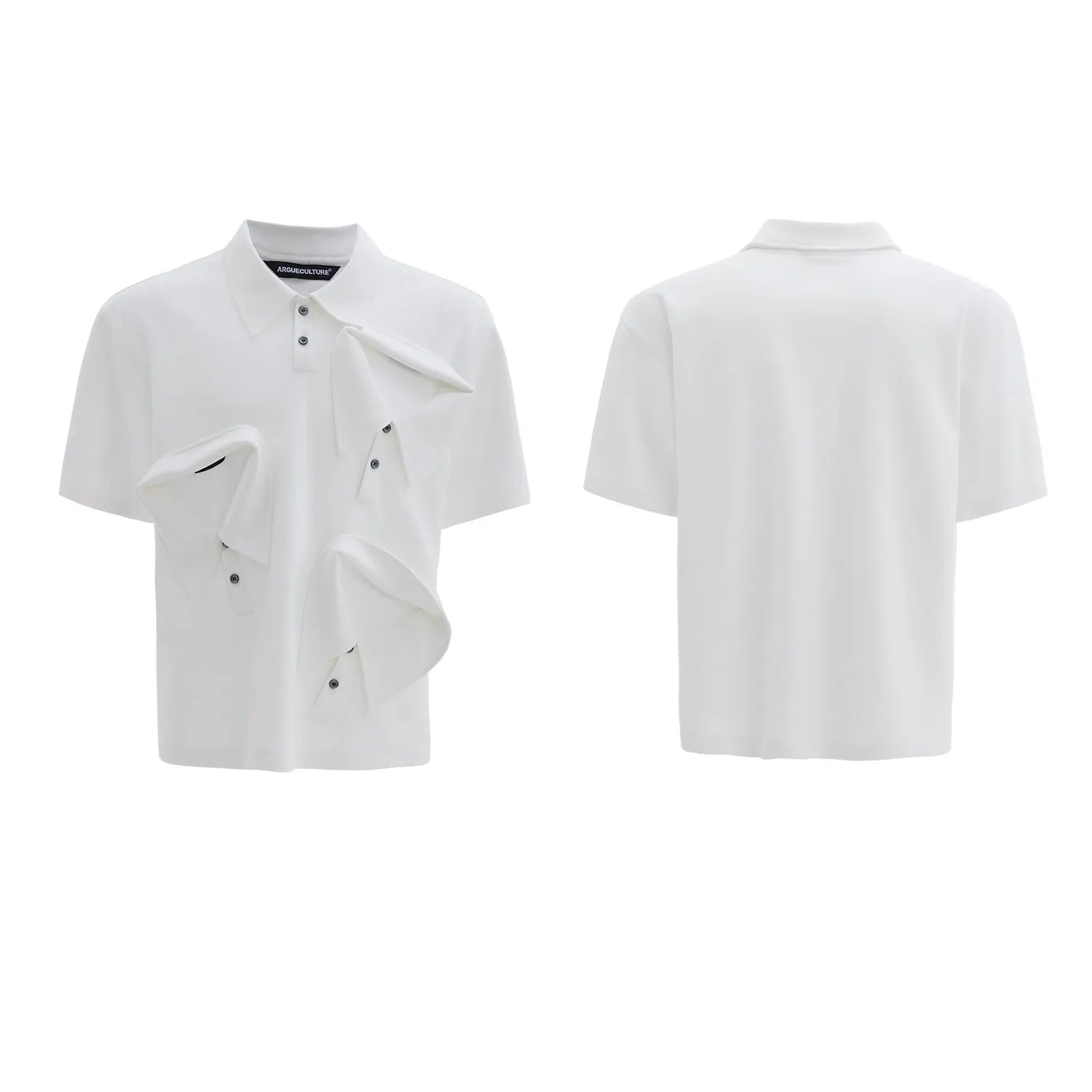 Men's loose-fit deconstructed polo shirt with a geometric pattern print on the chest.