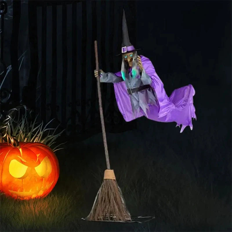 Halloween flying witch decoration with broom and scary sound, 180cm tall