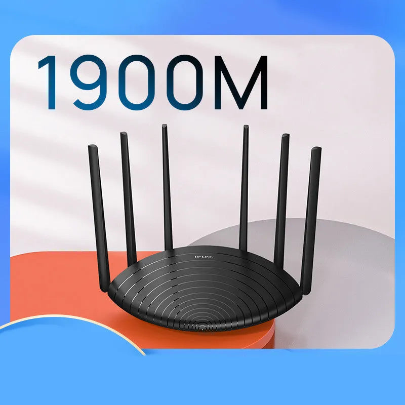 AC1900 Gigabit wireless router with display panel showing connection status indicators