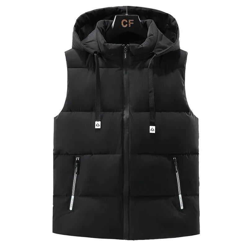 Men's thickened solid colour vest with a detachable hood, shown in blue.