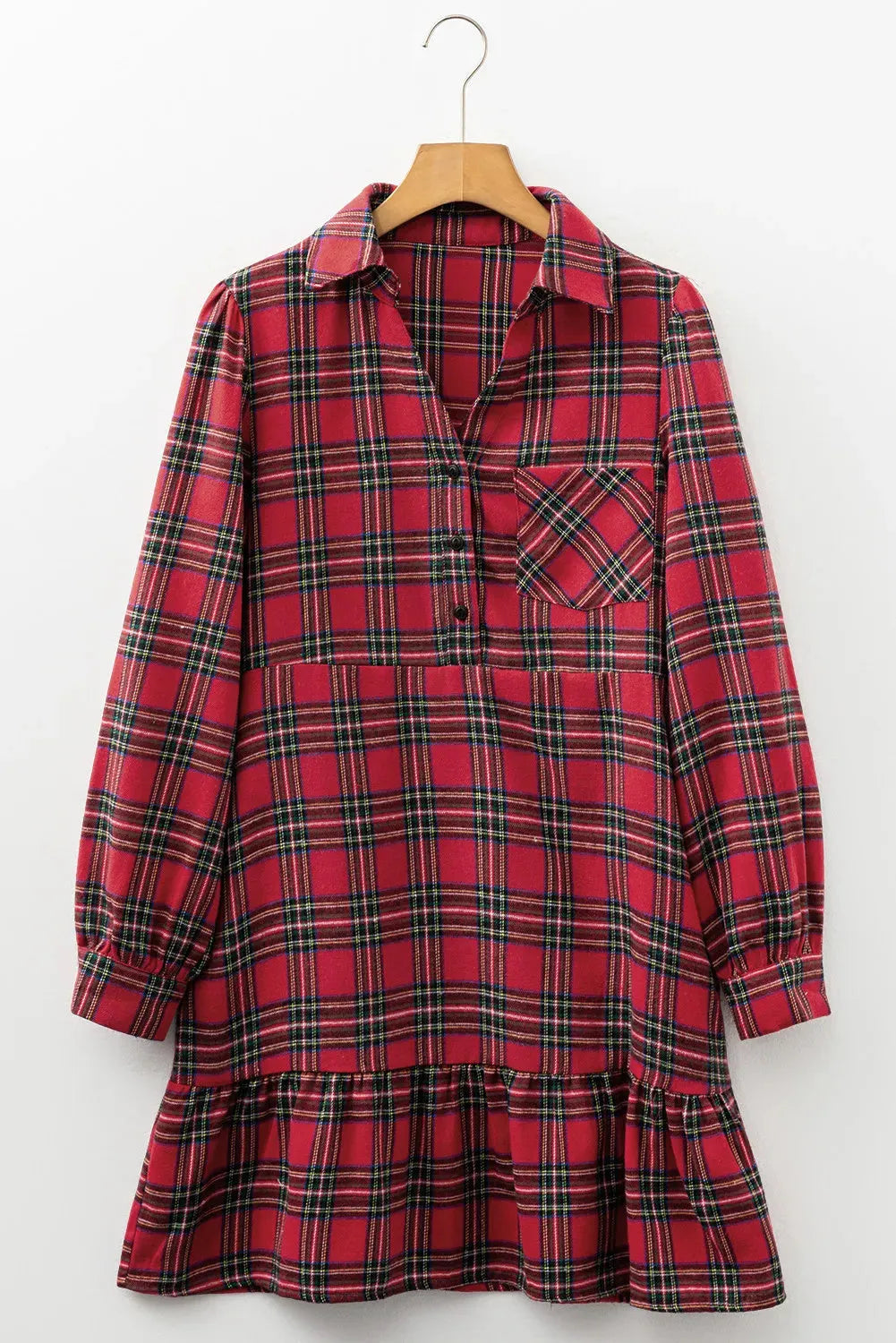Red plaid check mini dress with shirt collar and ruffle hem detail