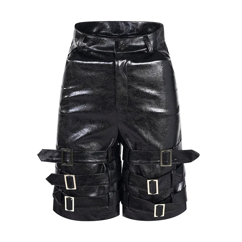 Men's black PU leather casual cropped pants with leather ring details showing medium to low waist construction