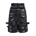 Men's black PU leather casual cropped pants with leather ring details showing medium to low waist construction