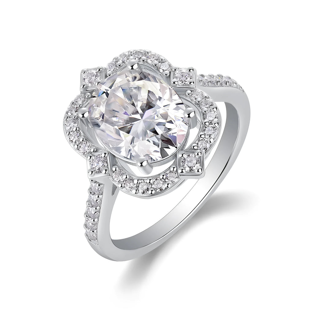 Egg-shaped moissanite ring set with S925 silver and platinum plating on a white surface