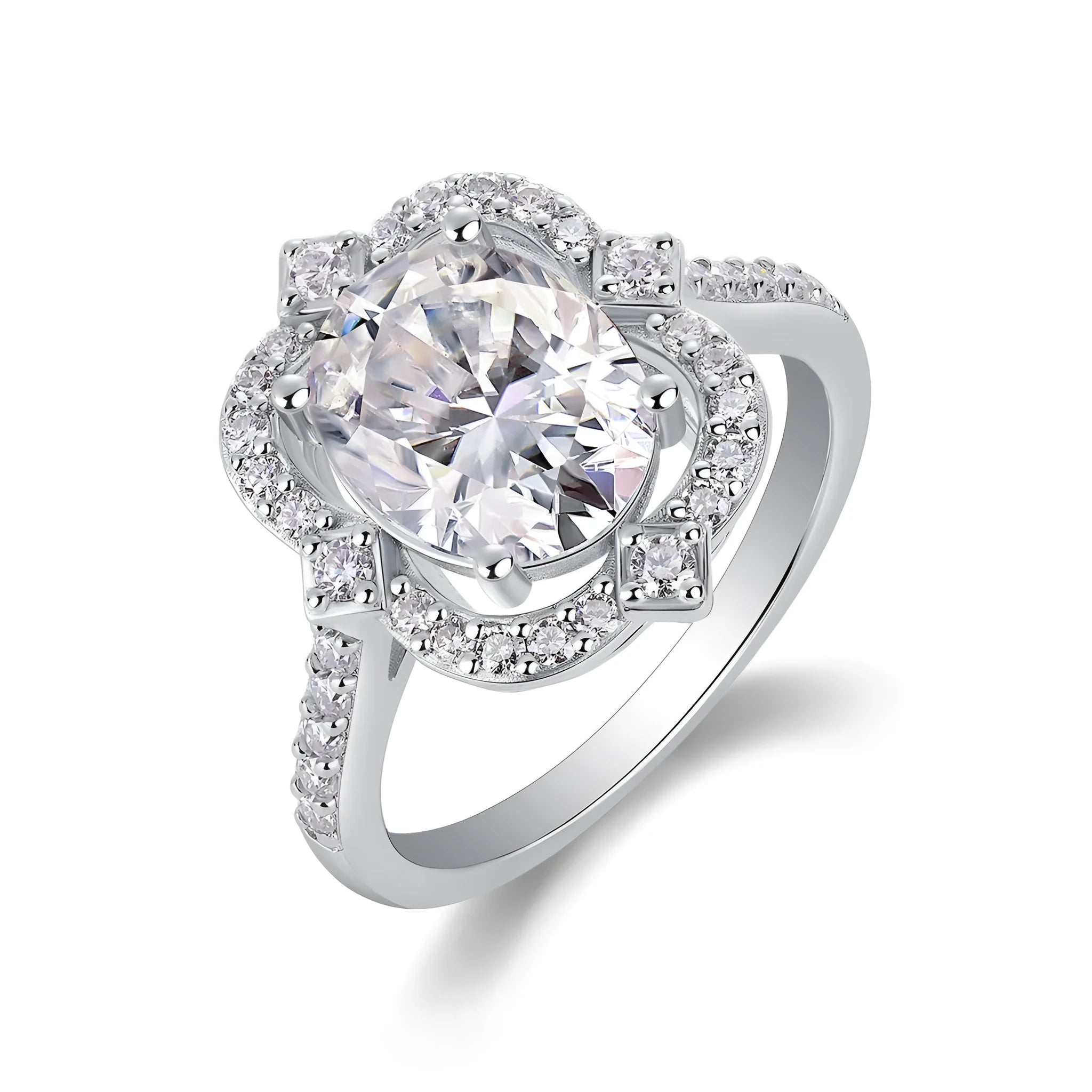 Egg-shaped moissanite ring set with S925 silver and platinum plating on a white surface