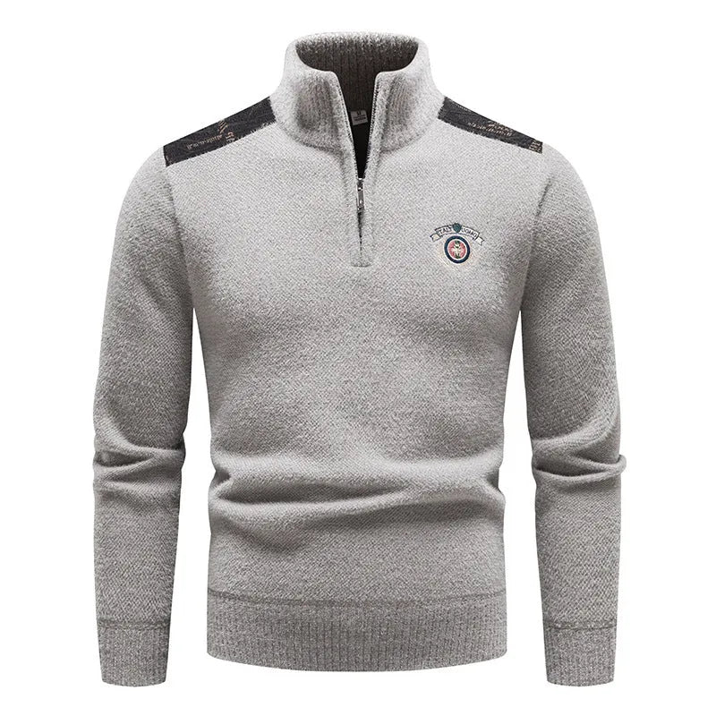 Men's beige velvet stand collar thick winter sweater straight cut pullover