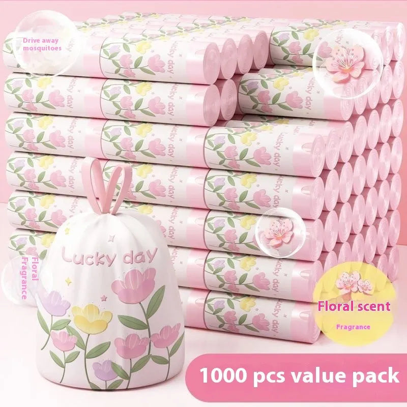 Pink degradable drawstring garbage bag with argy wormwood for mosquito repellence.