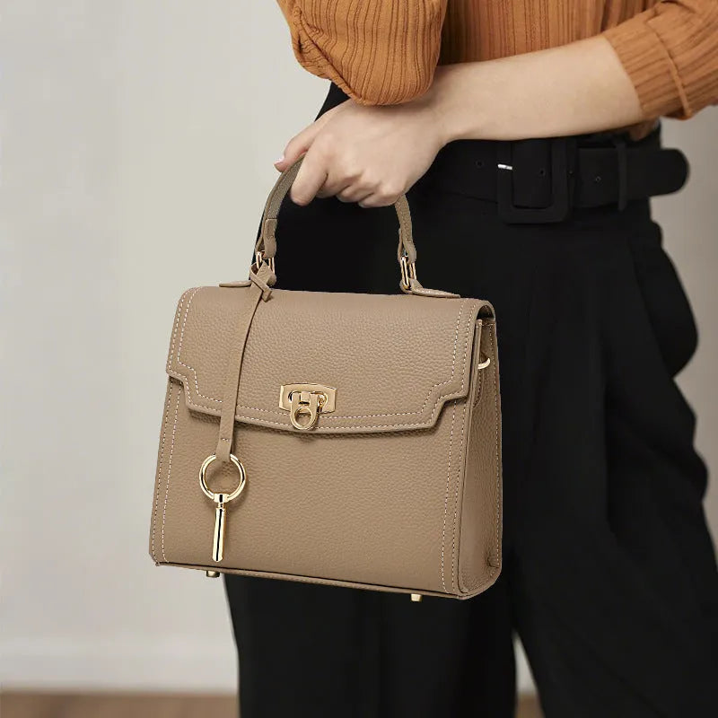 Elephant grey genuine leather vintage handbag with litchi pattern lock and file bag internal structure