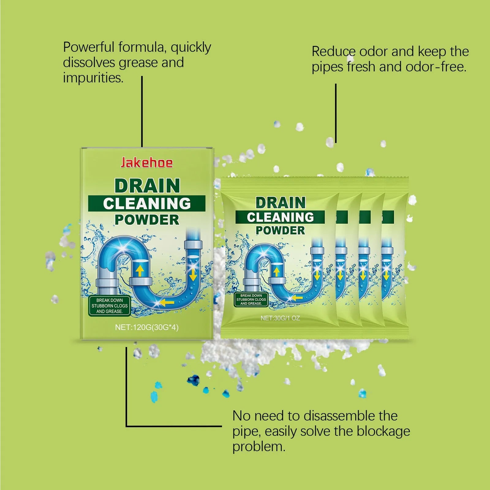120g packet of drain cleaning powder for unblocking sinks and toilets