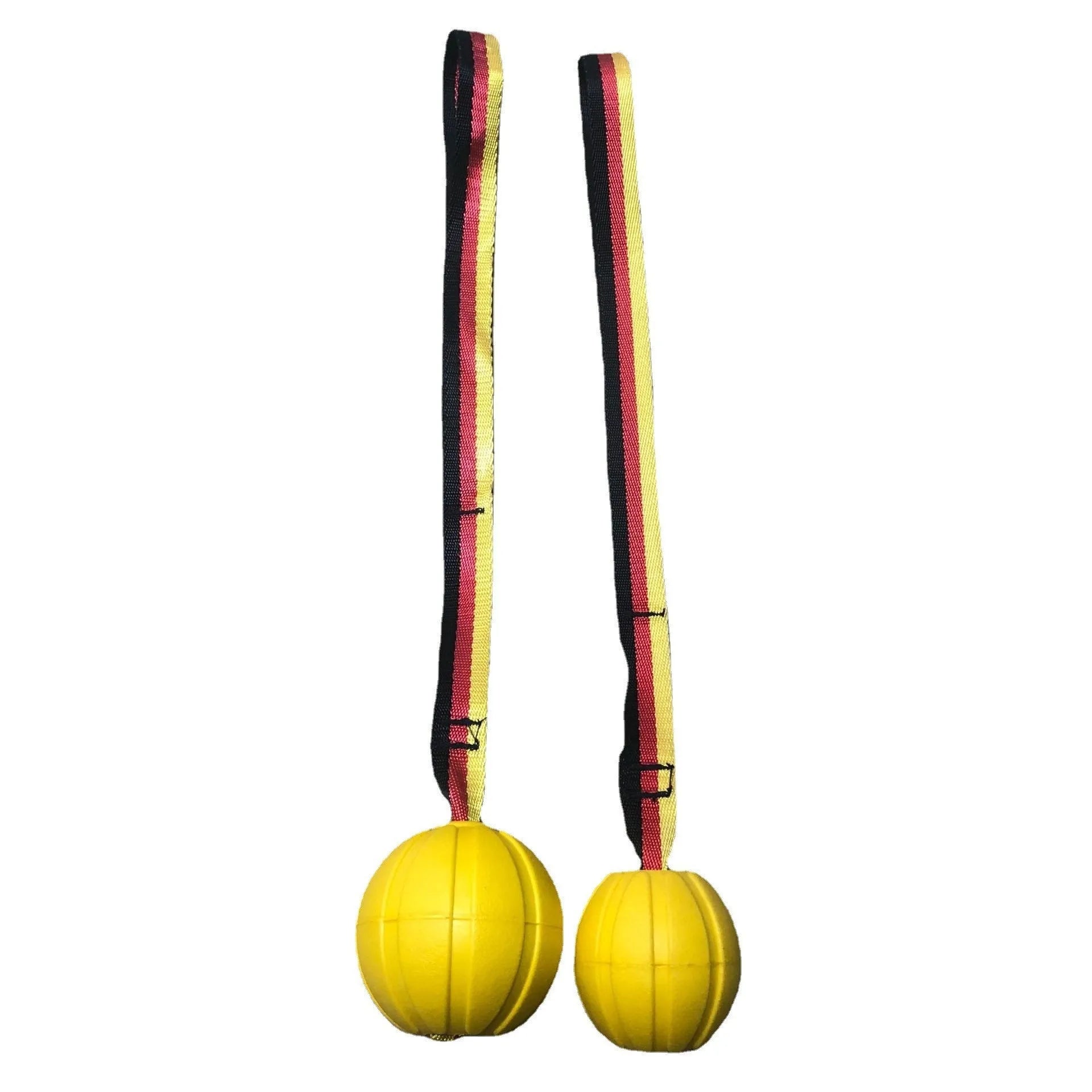 Camouflage and yellow EVA floating dog tetherball toys with string in 6.5cm, 7cm, and 9cm sizes.