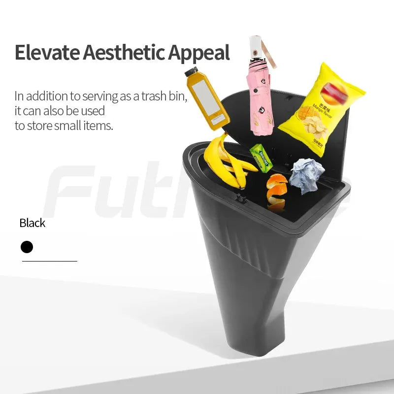 Two black ABS plastic car door trash cans for Tesla Model Y front door storage.