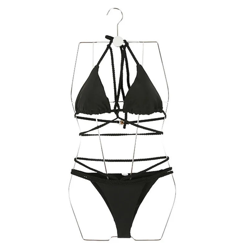 Black and red two-piece nylon bikini swimsuit set for women on a size chart showing M, L, XL.