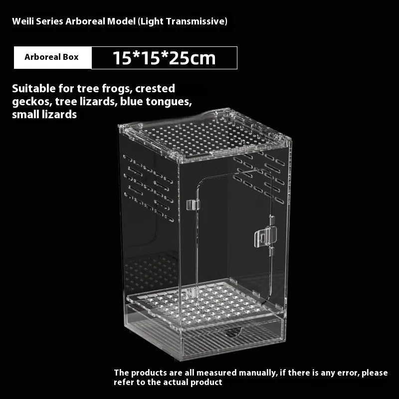 Transparent acrylic reptile feeding box showing dimensions and clear construction for crawler pets