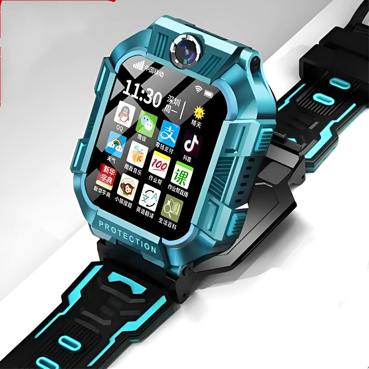 Green children's A63 smartwatch with GPS on a silicone strap, showing the 1.44-inch touchscreen and camera.