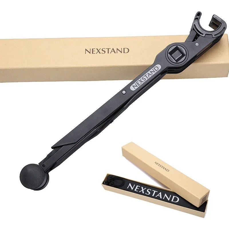 Sagacious black portable folding laptop bracket shown open and closed with its carrying case.