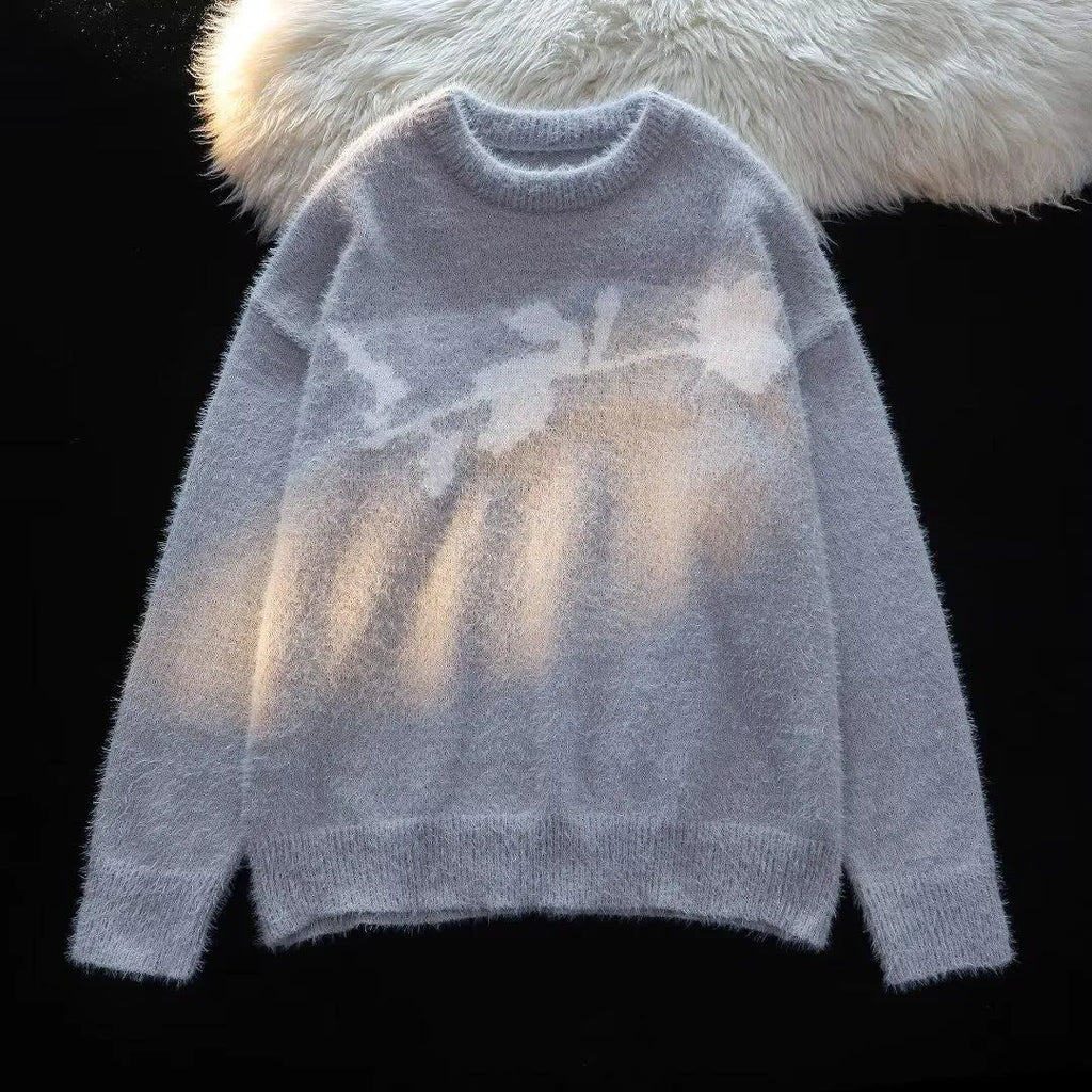 Men's dark rose flocking horse print on a black long sleeve cotton blend pullover sweater