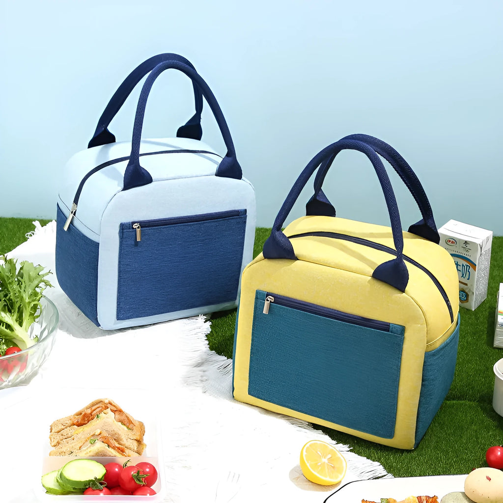 Insulated aluminium foil and Oxford cloth lunch bag in blue, shown closed.