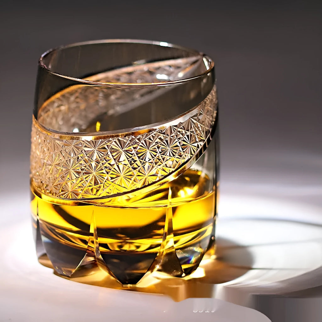 Japanese-style crystal whiskey glass with carved surface in grey thunder colour, 301-400ml capacity