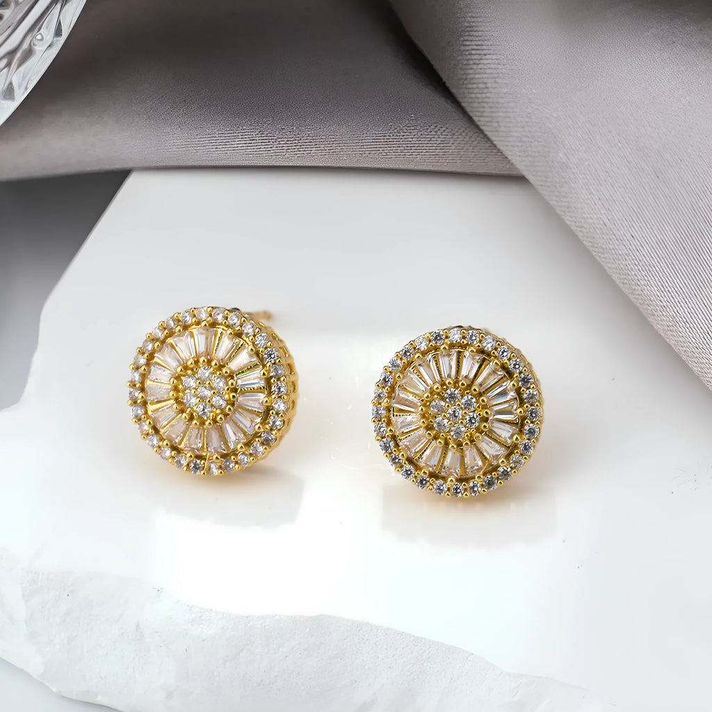 Round geometric pattern gold electroplated earrings with copper construction