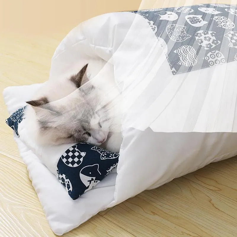 Removable sleeping bag pet bed with pillow in four size options for cats and dogs